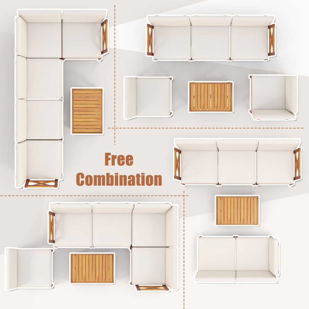6 Pieces Acacia Wood Patio Set with Cushions and 2-Tier Coffee Table