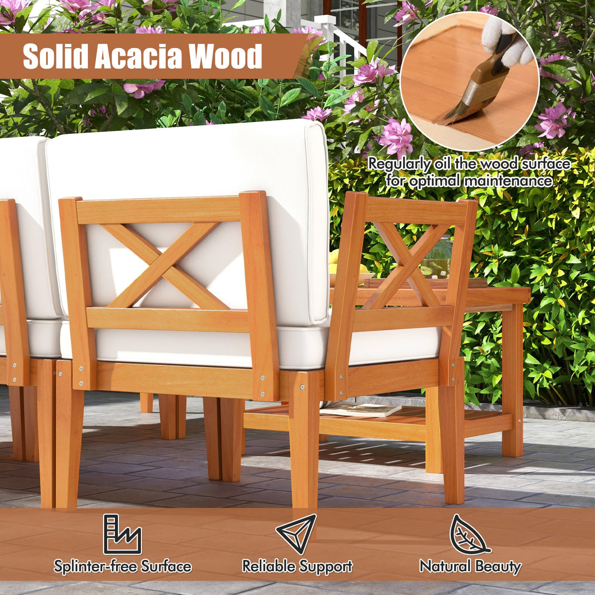 6 Pieces Acacia Wood Patio Set with Cushions and 2-Tier Coffee Table