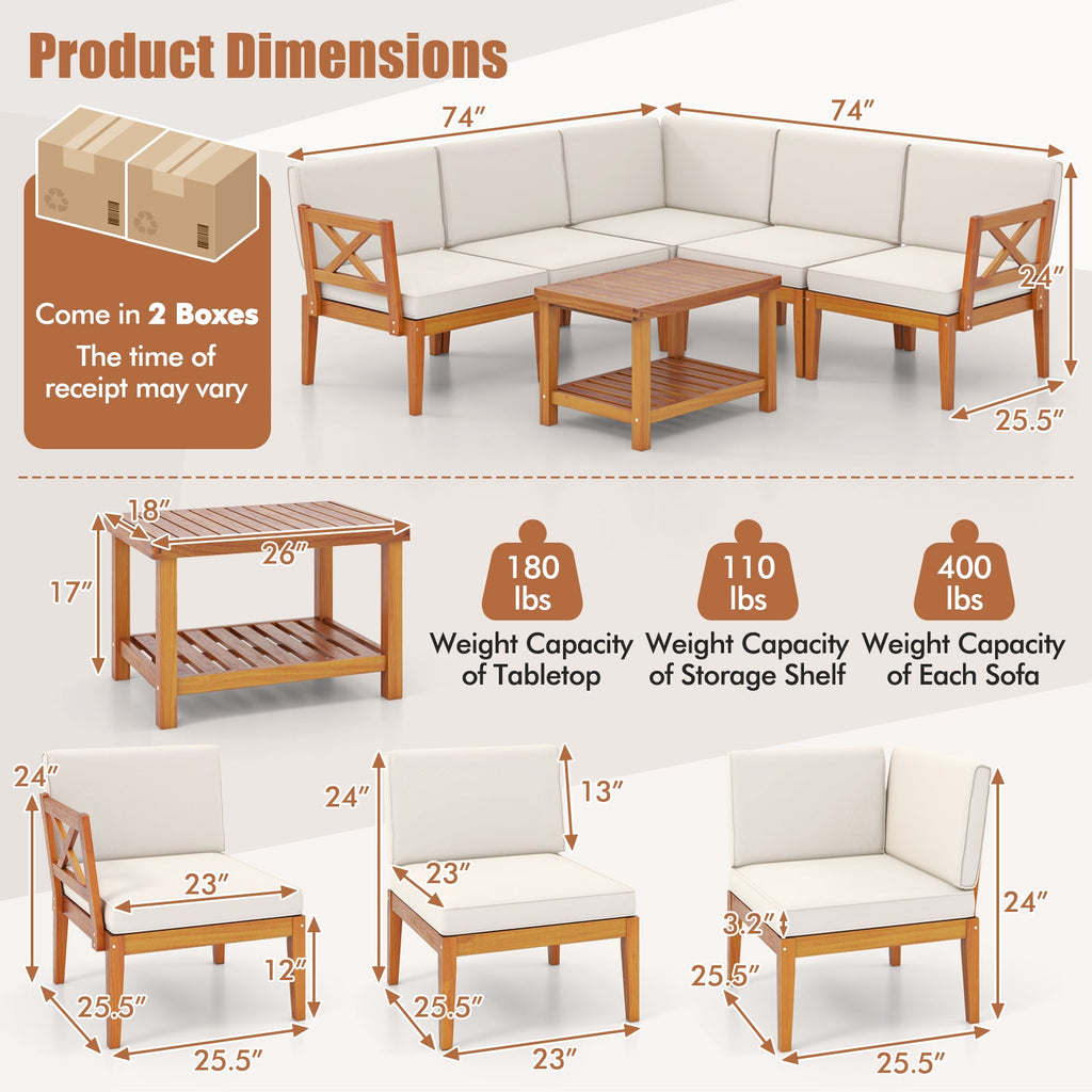 6 Pieces Acacia Wood Patio Set with Cushions and 2-Tier Coffee Table