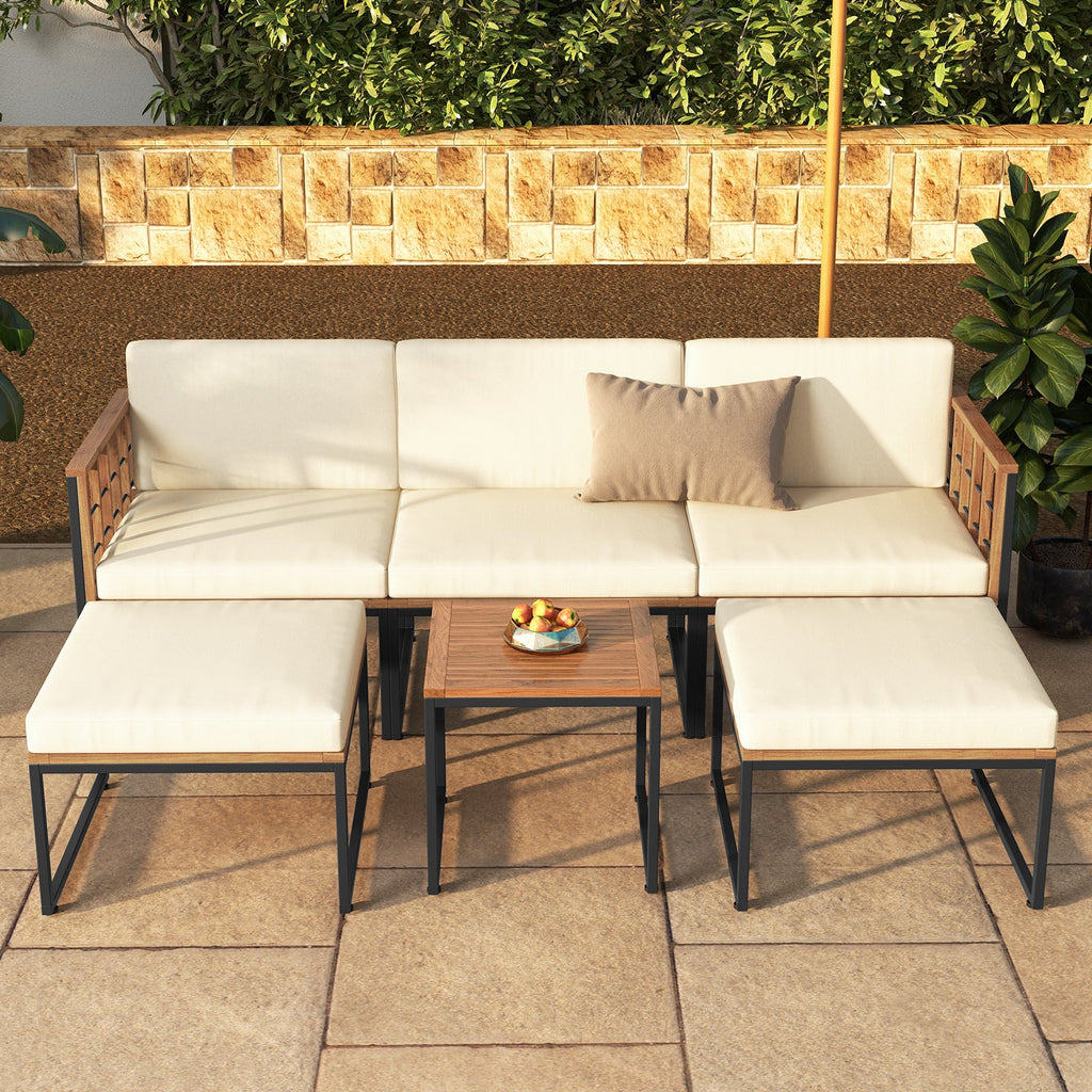 6 Pieces Acacia Wood Patio Furniture Set with Coffee Table and Ottomans