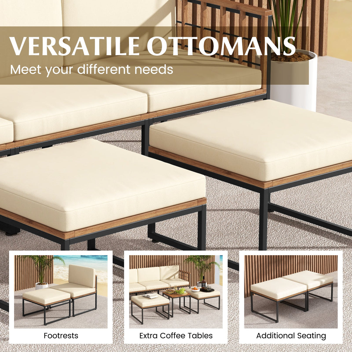 6 Pieces Acacia Wood Patio Furniture Set with Coffee Table and Ottomans