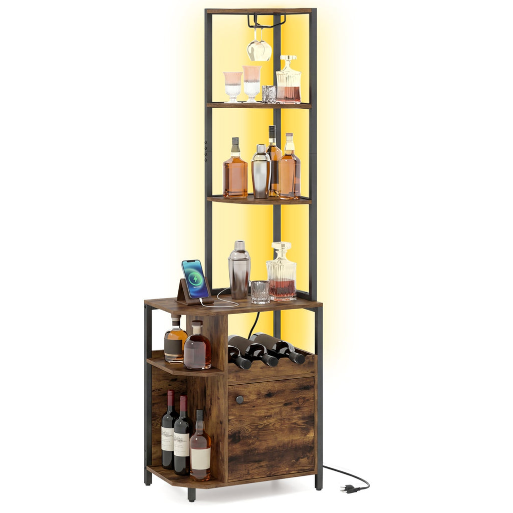 6-Tier Corner Bar Cabinet with LED Lights and Charging Station