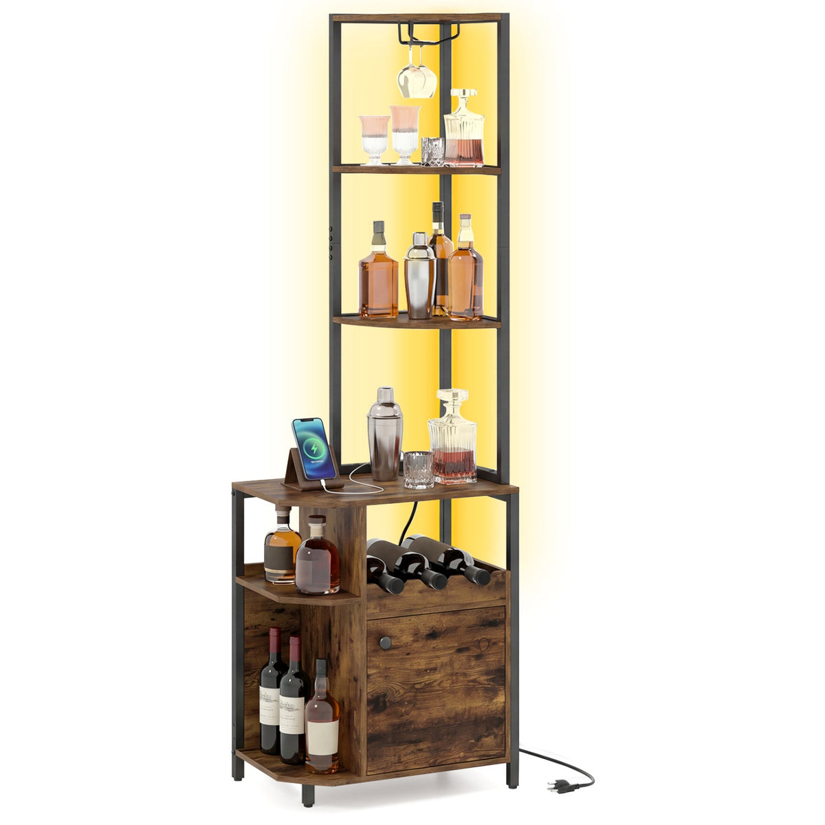 6-Tier Corner Bar Cabinet with LED Lights and Charging Station