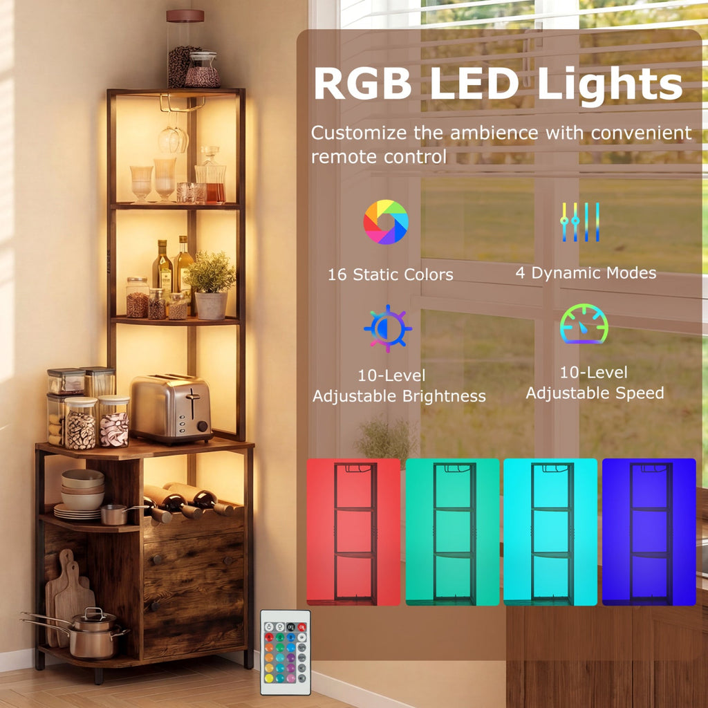 6-Tier Corner Bar Cabinet with LED Lights and Charging Station