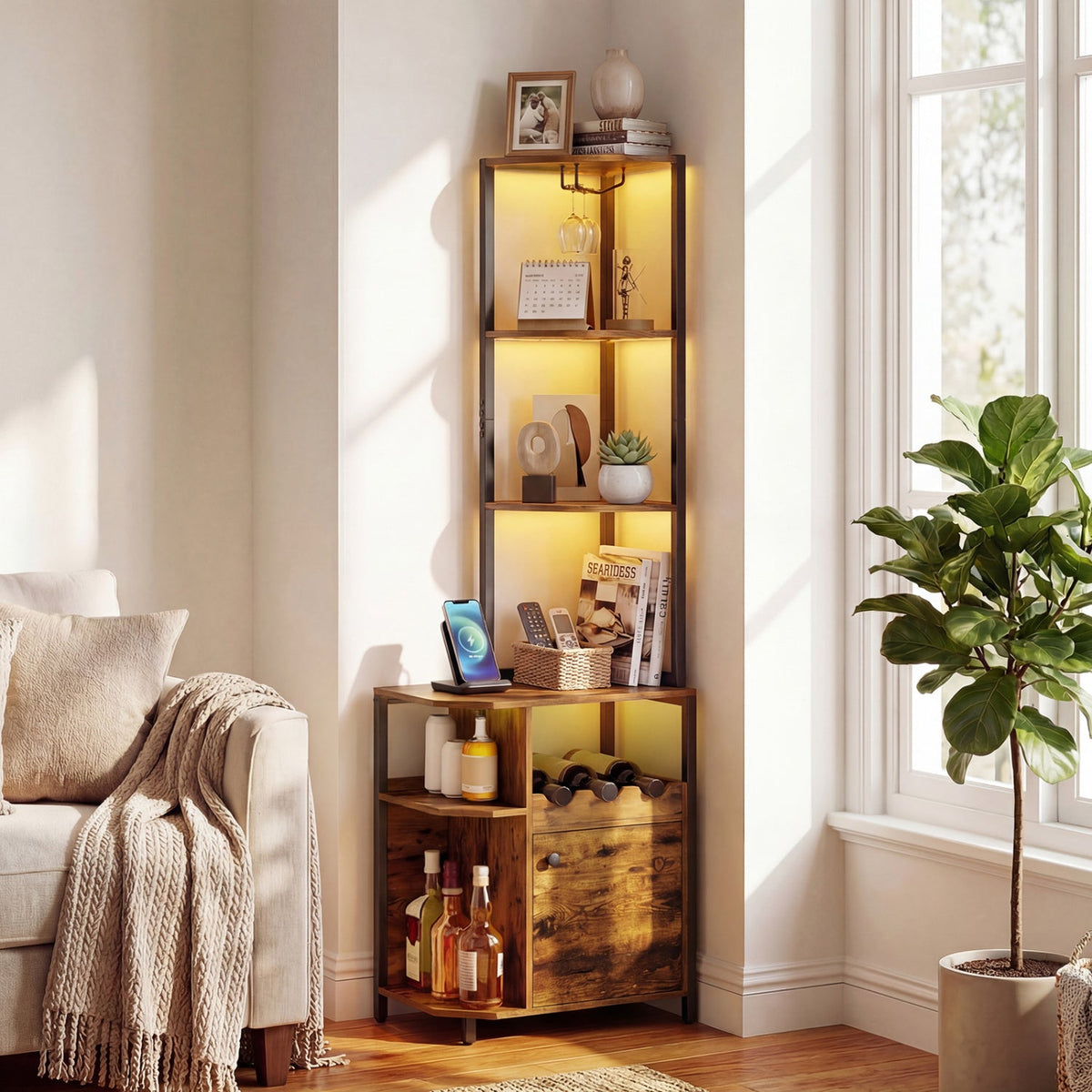 6-Tier Corner Bar Cabinet with LED Lights and Charging Station