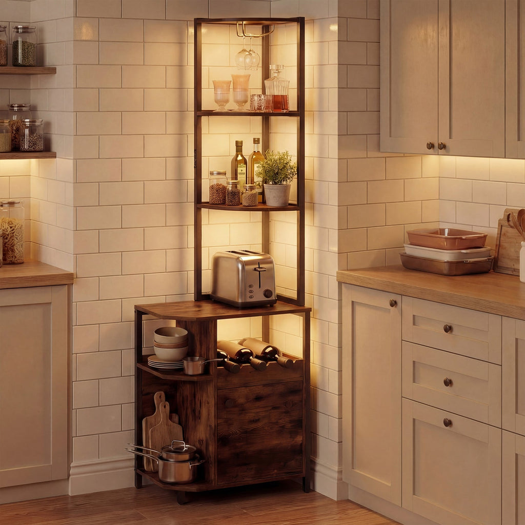 6-Tier Corner Bar Cabinet with LED Lights and Charging Station