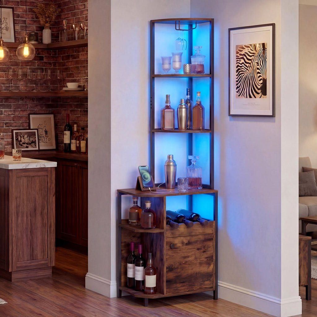 6-Tier Corner Bar Cabinet with LED Lights and Charging Station