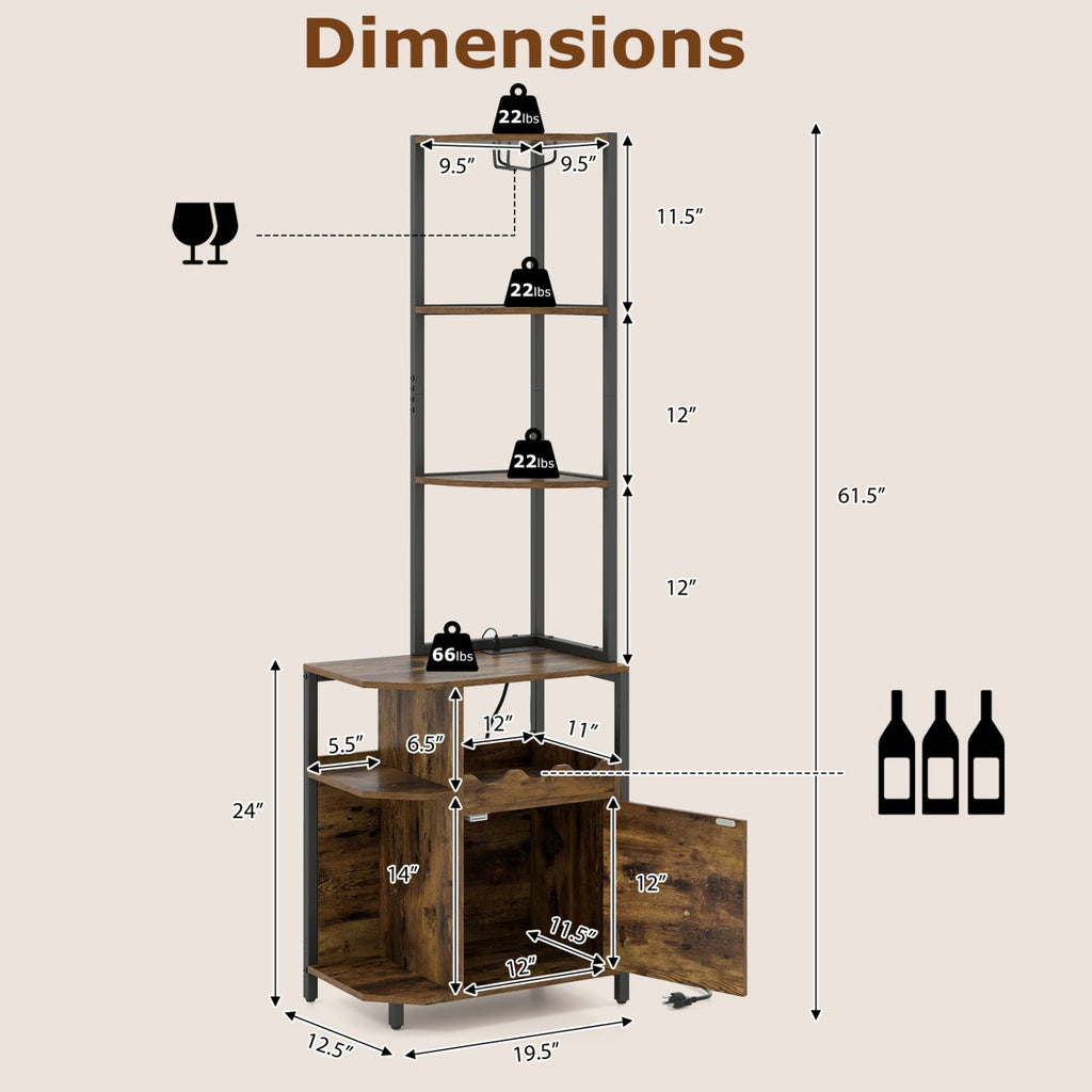 6-Tier Corner Bar Cabinet with LED Lights and Charging Station