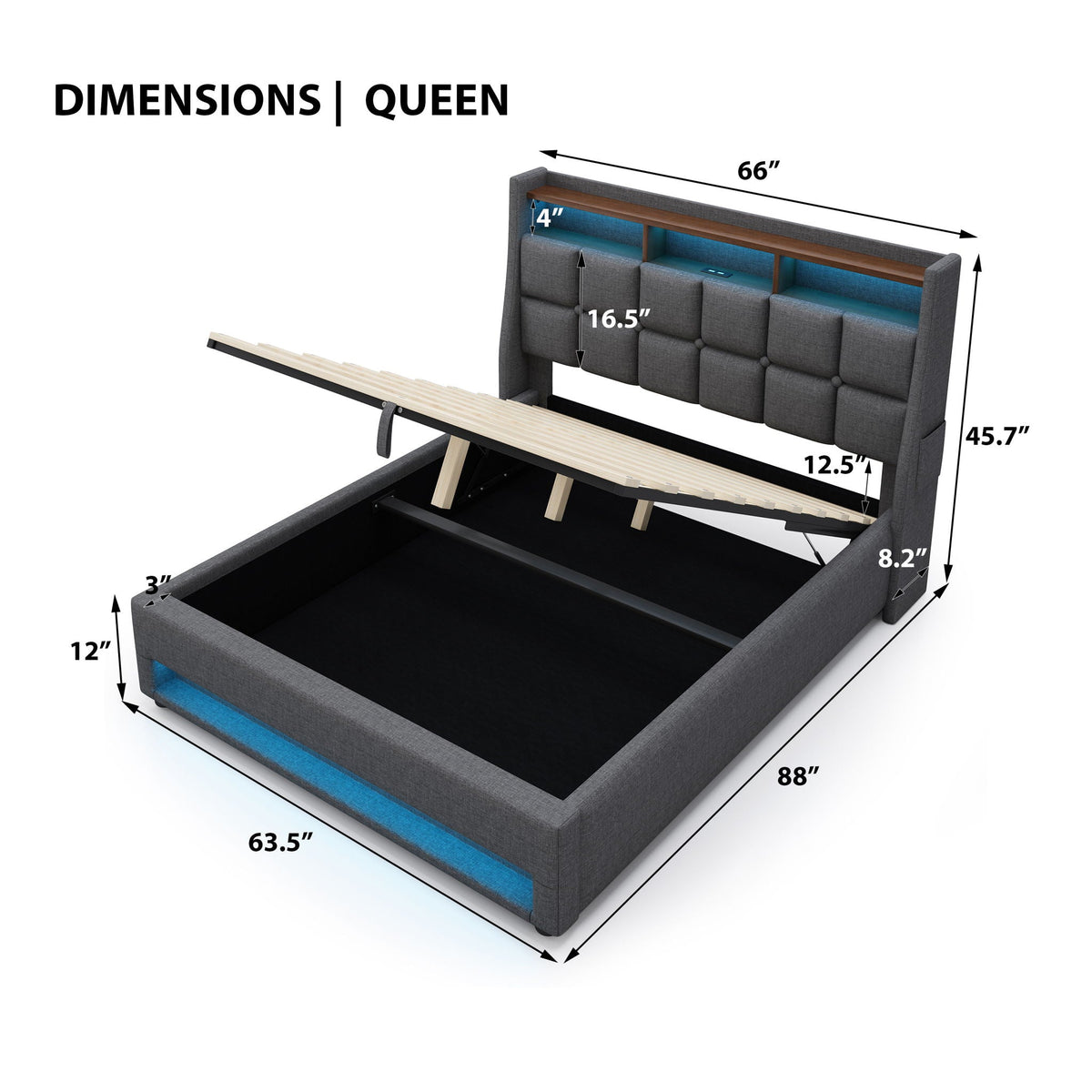 Upholstered Platform Bed With A Hydraulic Storage System, LED And USB Charging