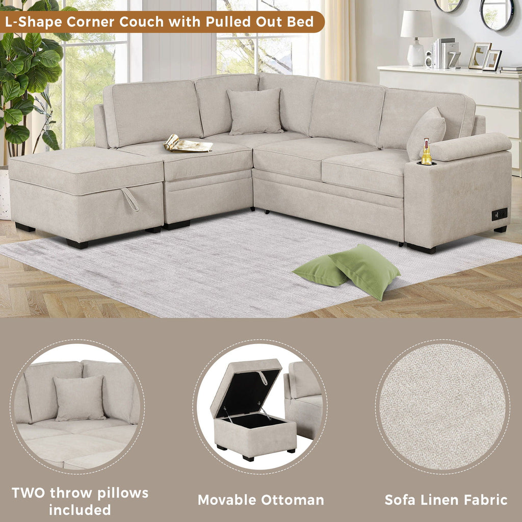 2 In 1 Pull Out Sofa Bed, L Shape Couch With Storage Ottoman