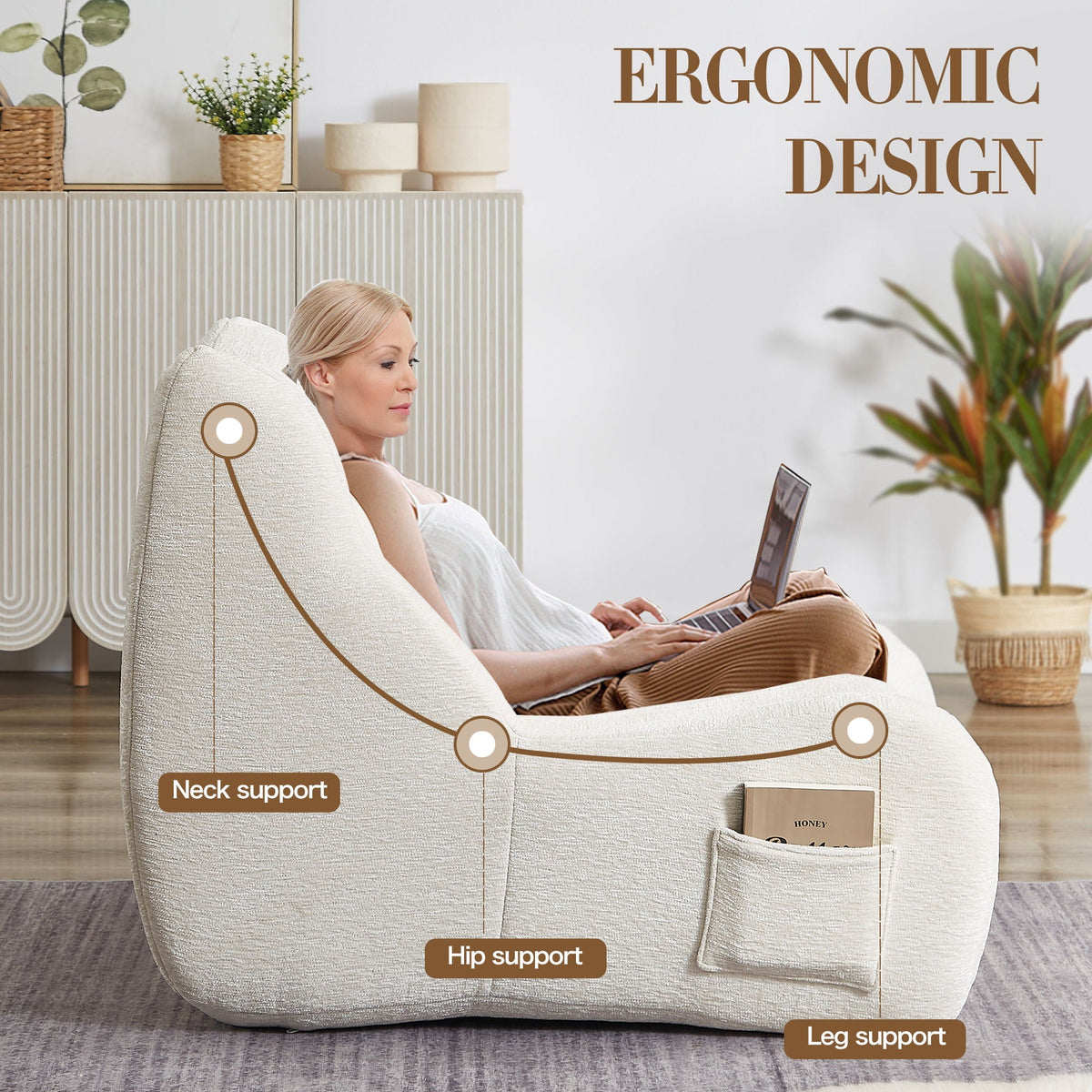 Bean Bag Chair For Adults, Memory Foam, Chenille Fabric