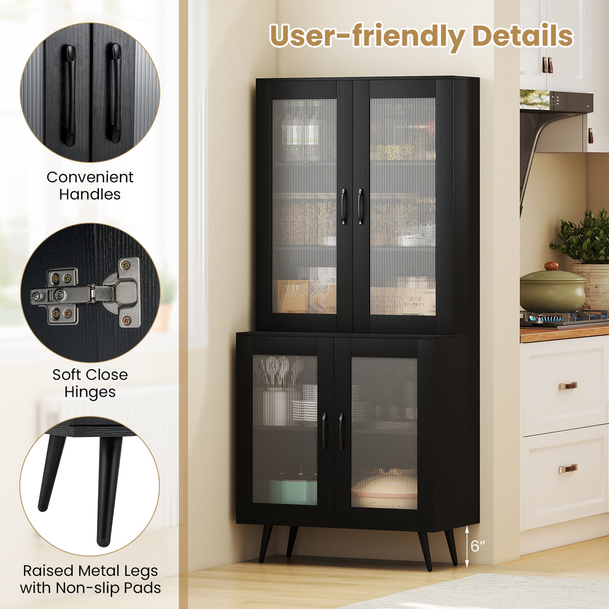 70.5 inch Tall Kitchen Pantry Cabinet Cupboard with 4 Transparent Doors