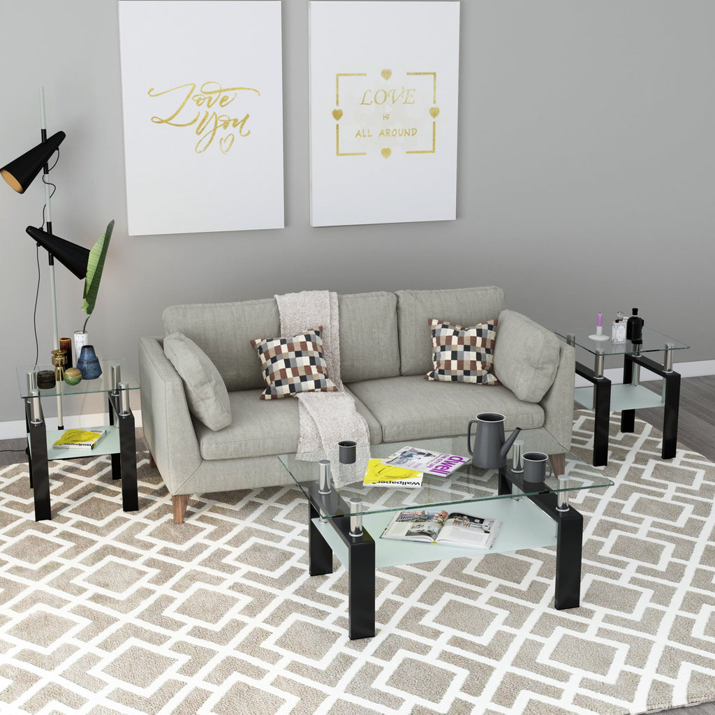 Set of 2, Modern Tempered Glass Tea Table Coffee Table End Table