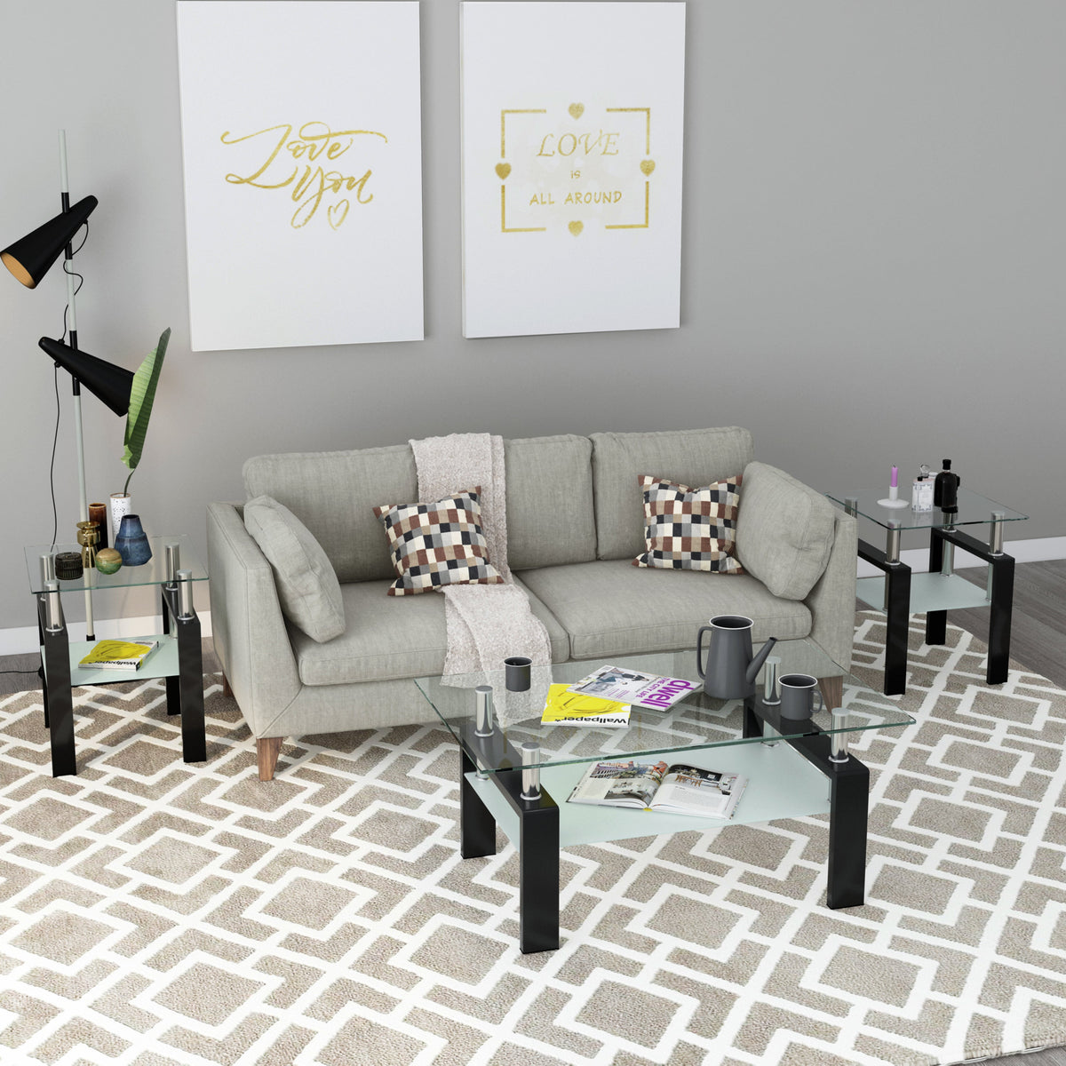 Set of 2, Modern Tempered Glass Tea Table Coffee Table End Table