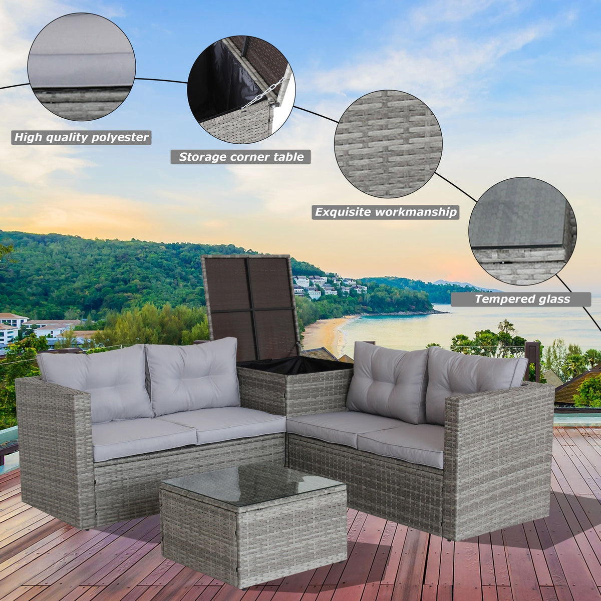 4 Piece Patio Sectional Wicker Rattan Sofa Set with Storage Box Grey