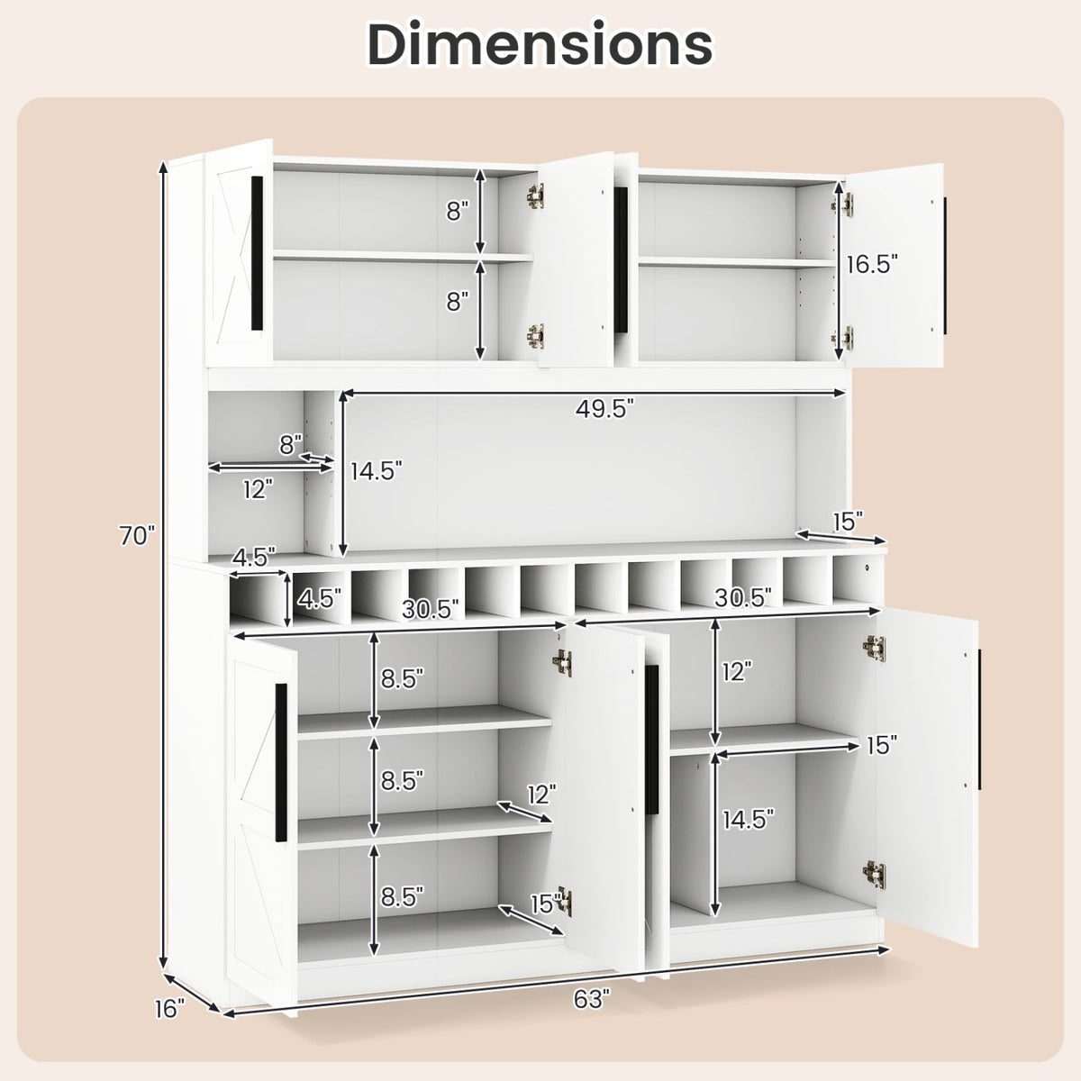 70 Inch Farmhouse Pantry Cabinet Kitchen Buffet Hutch with 4 Cabinets