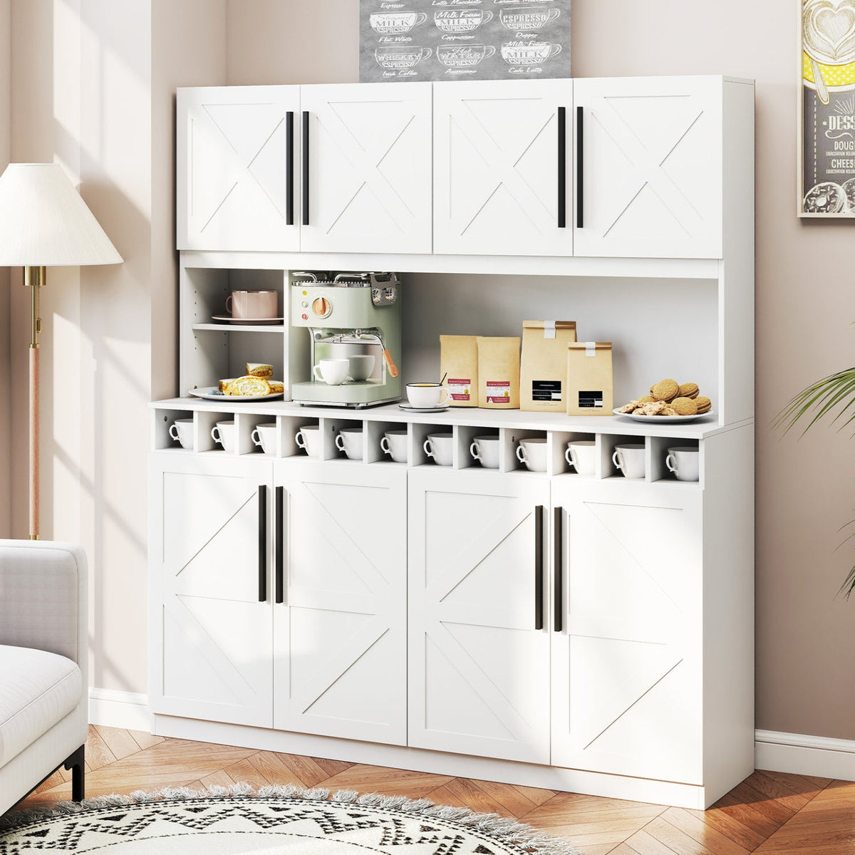 70 Inch Farmhouse Pantry Cabinet Kitchen Buffet Hutch with 4 Cabinets
