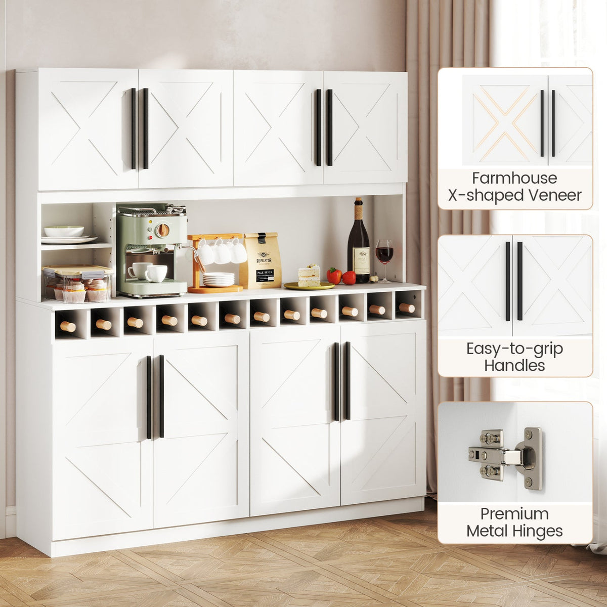 70 Inch Farmhouse Pantry Cabinet Kitchen Buffet Hutch with 4 Cabinets