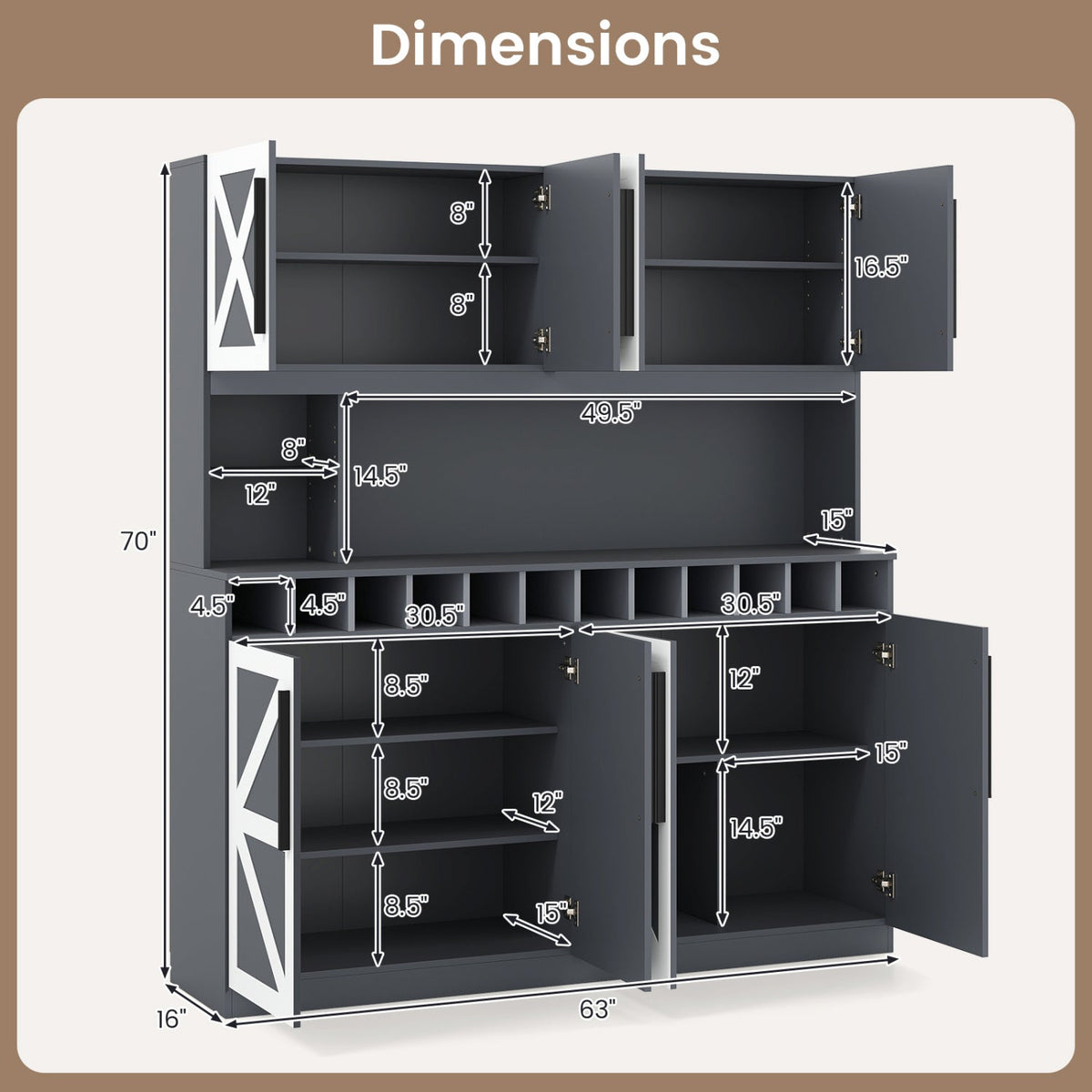 70 Inch Farmhouse Pantry Cabinet Kitchen Buffet Hutch with 4 Cabinets