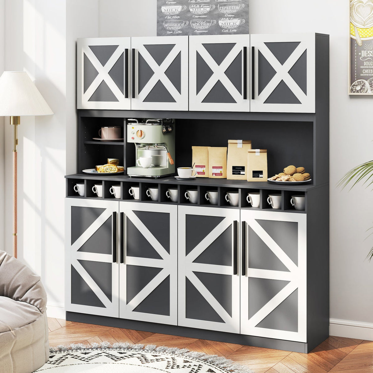 70 Inch Farmhouse Pantry Cabinet Kitchen Buffet Hutch with 4 Cabinets