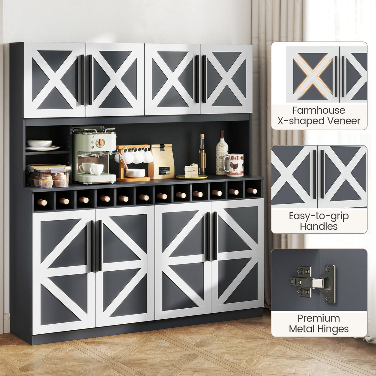 70 Inch Farmhouse Pantry Cabinet Kitchen Buffet Hutch with 4 Cabinets