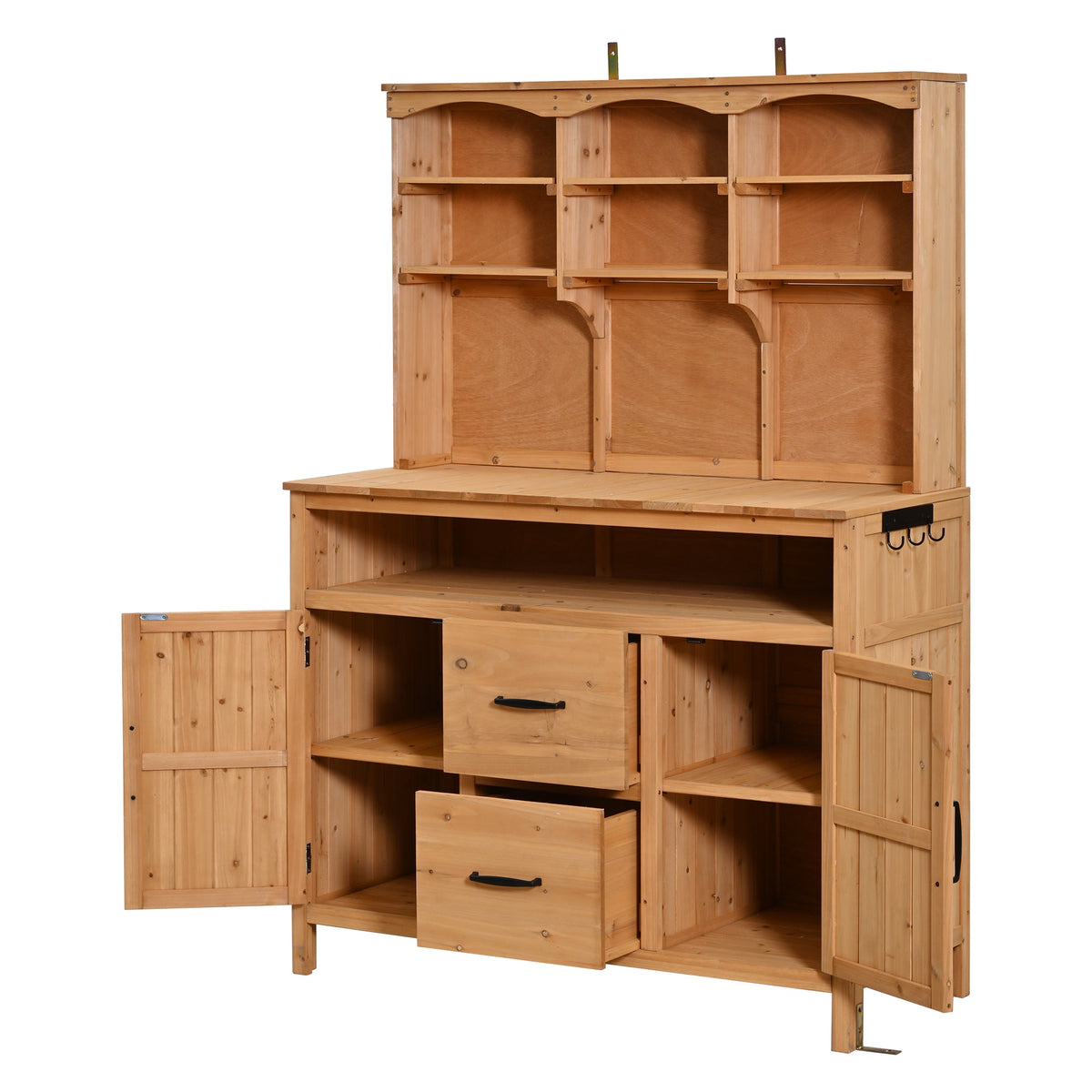 Large Fir Wood Potting Bench with Hutch, Cabinets & Drawers