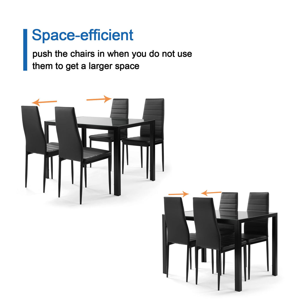 5 Pieces Dining Set, Tempered Glass Dining Table, 4 Faux Leather Chairs - Black