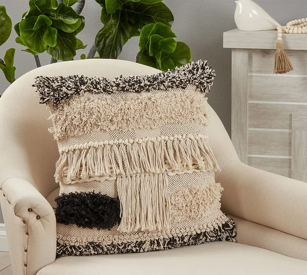 Embroidered Tufted Fringe Cotton Decorative Throw Pillow 20" W X 20" L
