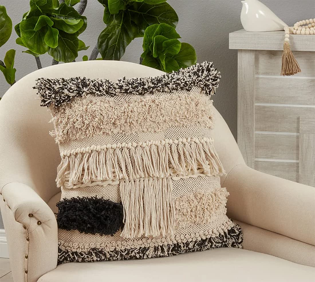 Embroidered Tufted Fringe Cotton Decorative Throw Pillow 20" W X 20" L