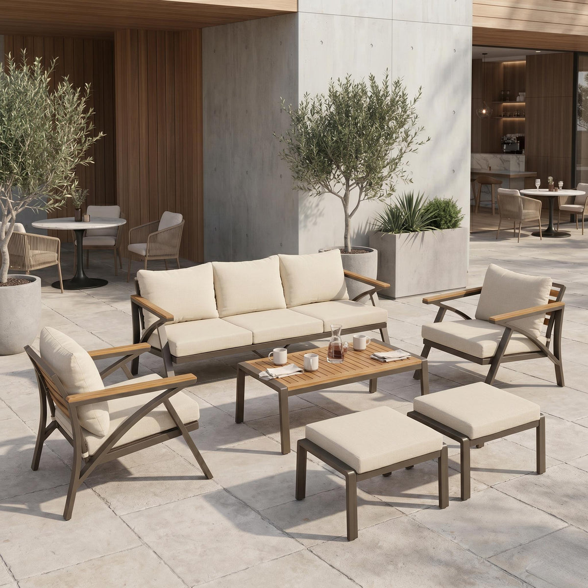 6-Piece Patio Furniture Set with Steel Frame Sofa & Acacia Wood Table