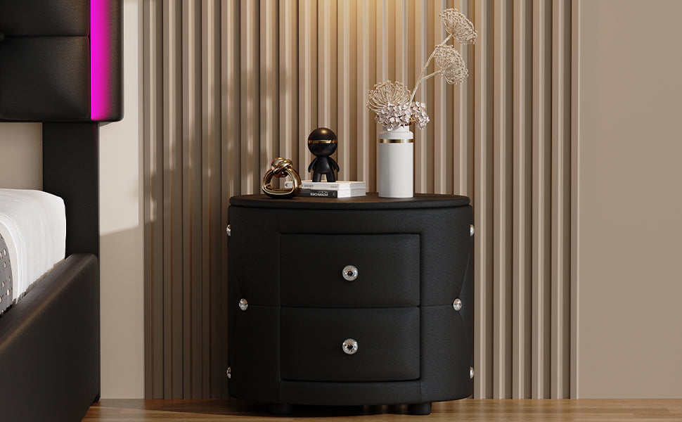 Elegant PU Nightstand with 2 Drawers and Crystal Handle, Easy Assembled