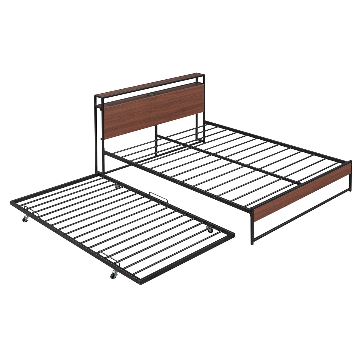 Queen Size Metal Platform Bed Frame with Trundle, USB Ports and Slat Support