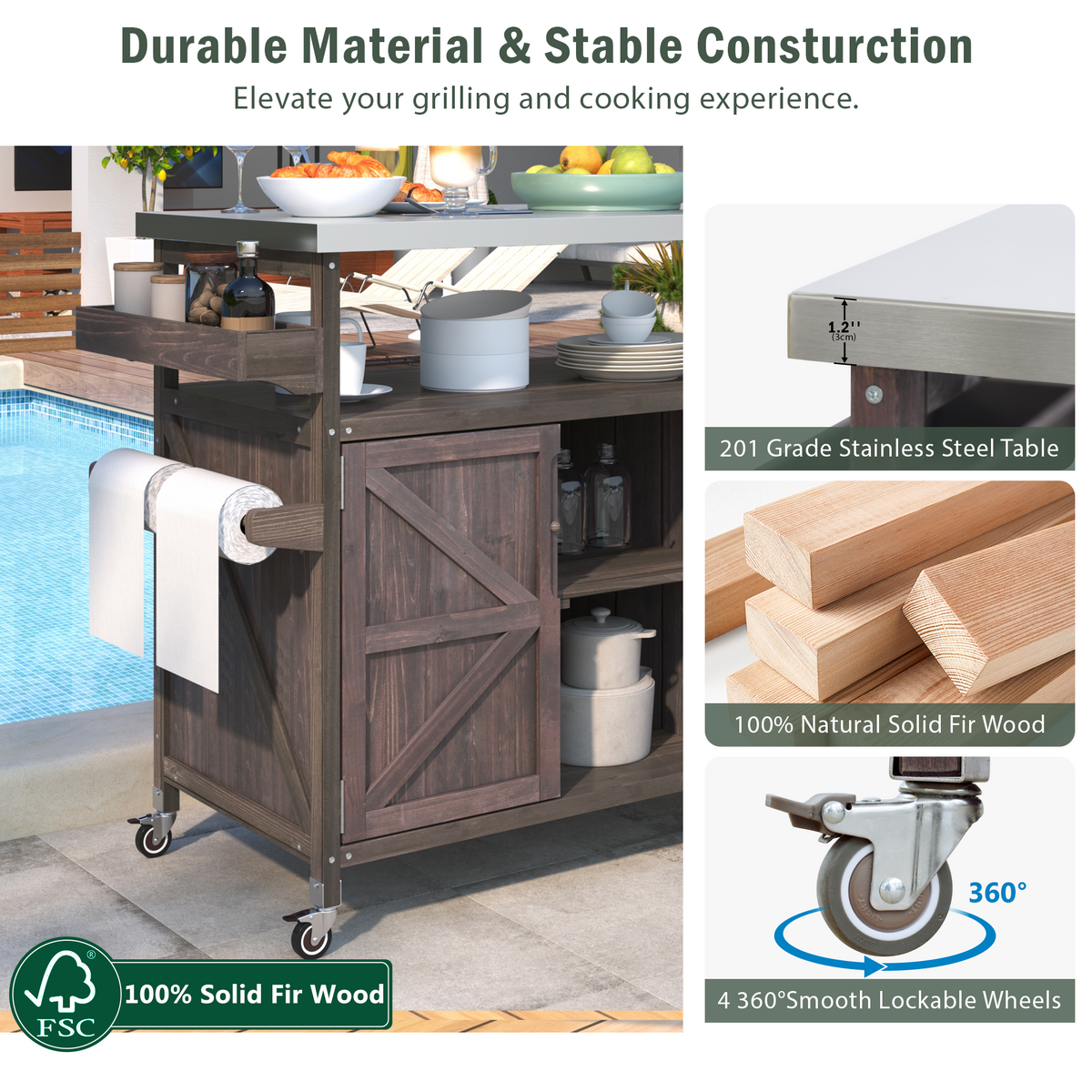 Outdoor Kitchen Island, Rolling Bar Cart & Storage Cabinet