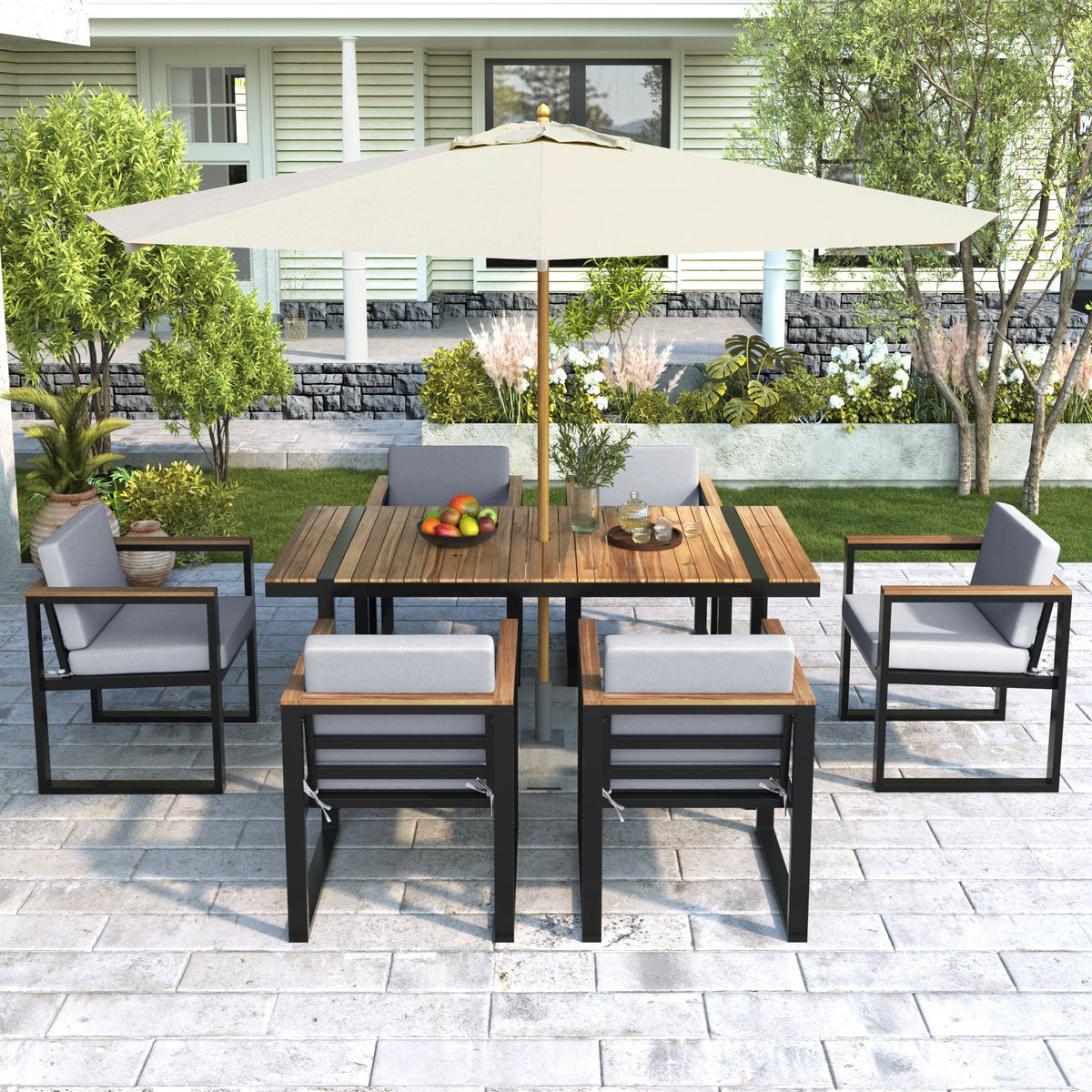 7 Pieces Dining Set Table And Chair Set With And Removable Cushions For Patio