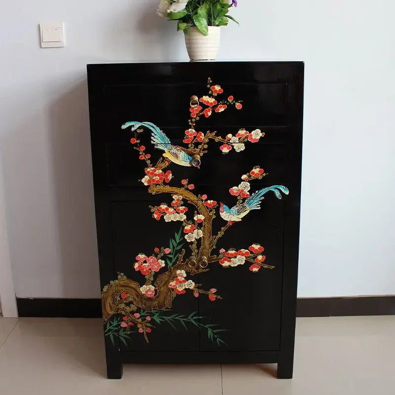 Hand-Painted Chinese Lacquer Bedside Cabinet & Sofa Side Table