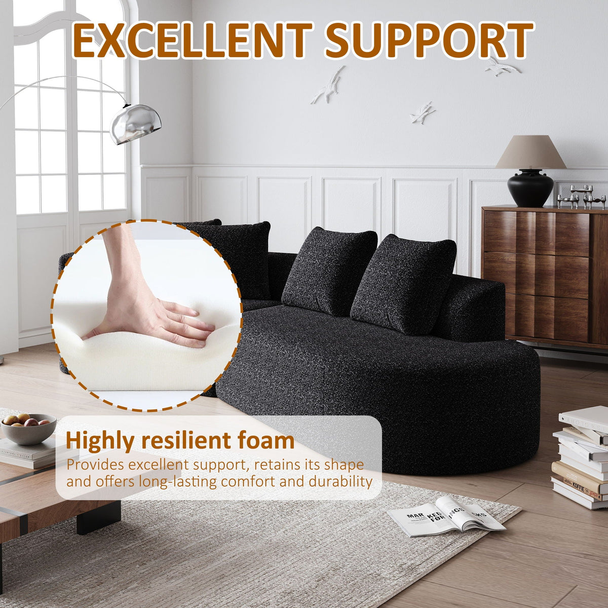 Oversized Sectional Sofa, 4 Seater Extra Deep, Wide Curved Couch With 4 Throw Pillows