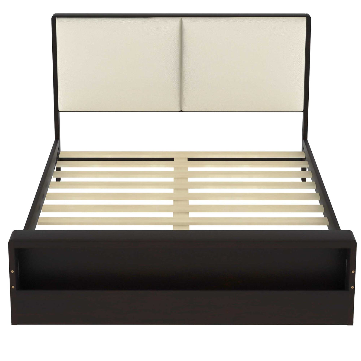 Queen Size Platform Bed Frame with Upholstery Headboard and Bookshelf