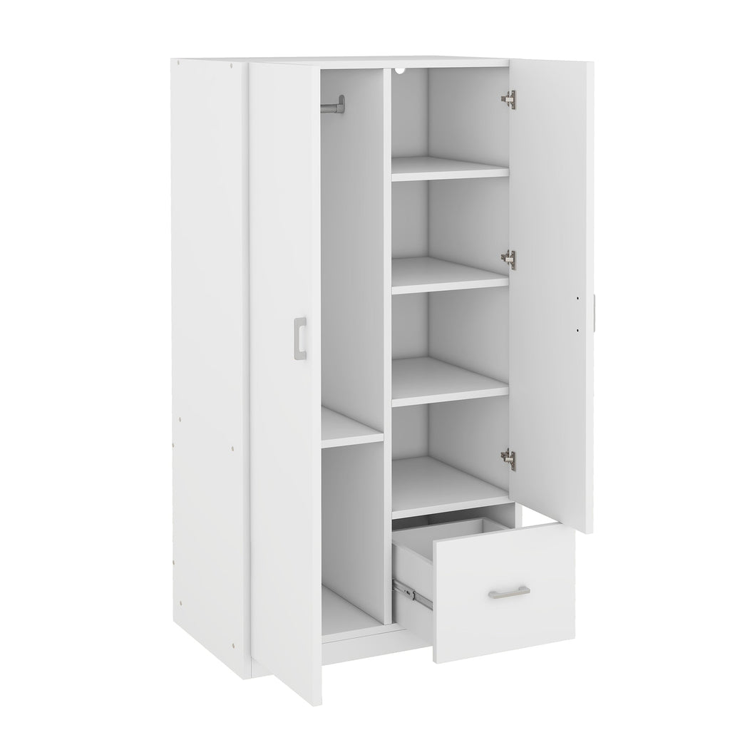 Wooden Wardrobe with Double Doors, Armoire with Hanging Rod, 5 Fixed Shelves