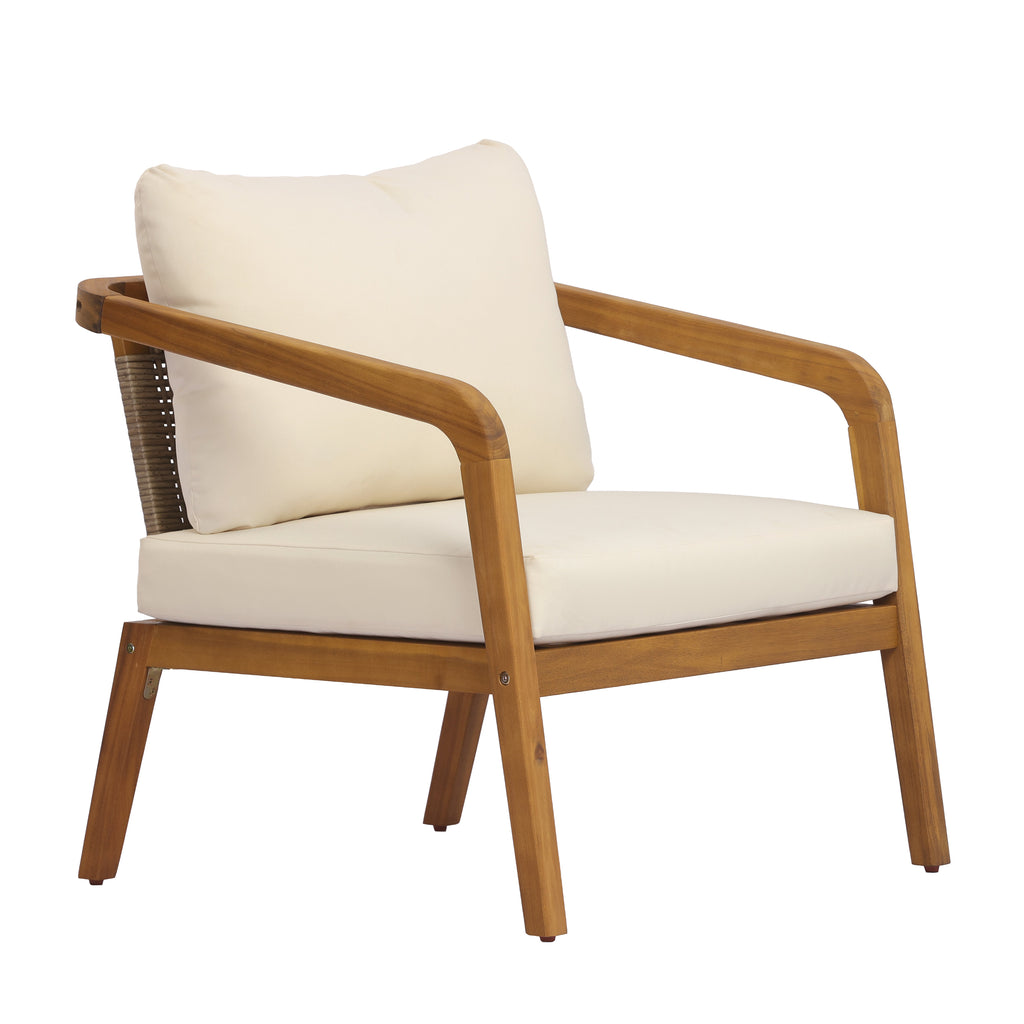 Acacia Wood Outdoor Patio Club Chair with Wicker Backrest & Cushion - Cream, Light Brown