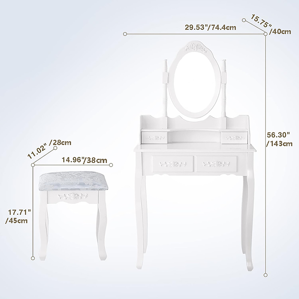 Vanity Table Set with 4 Drawer, Makeup Dressing Table w/Cushioned Stool