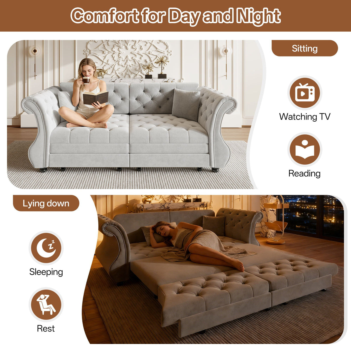 Oversized Chesterfield Pull Out Sofa Bed with Flower Tufting