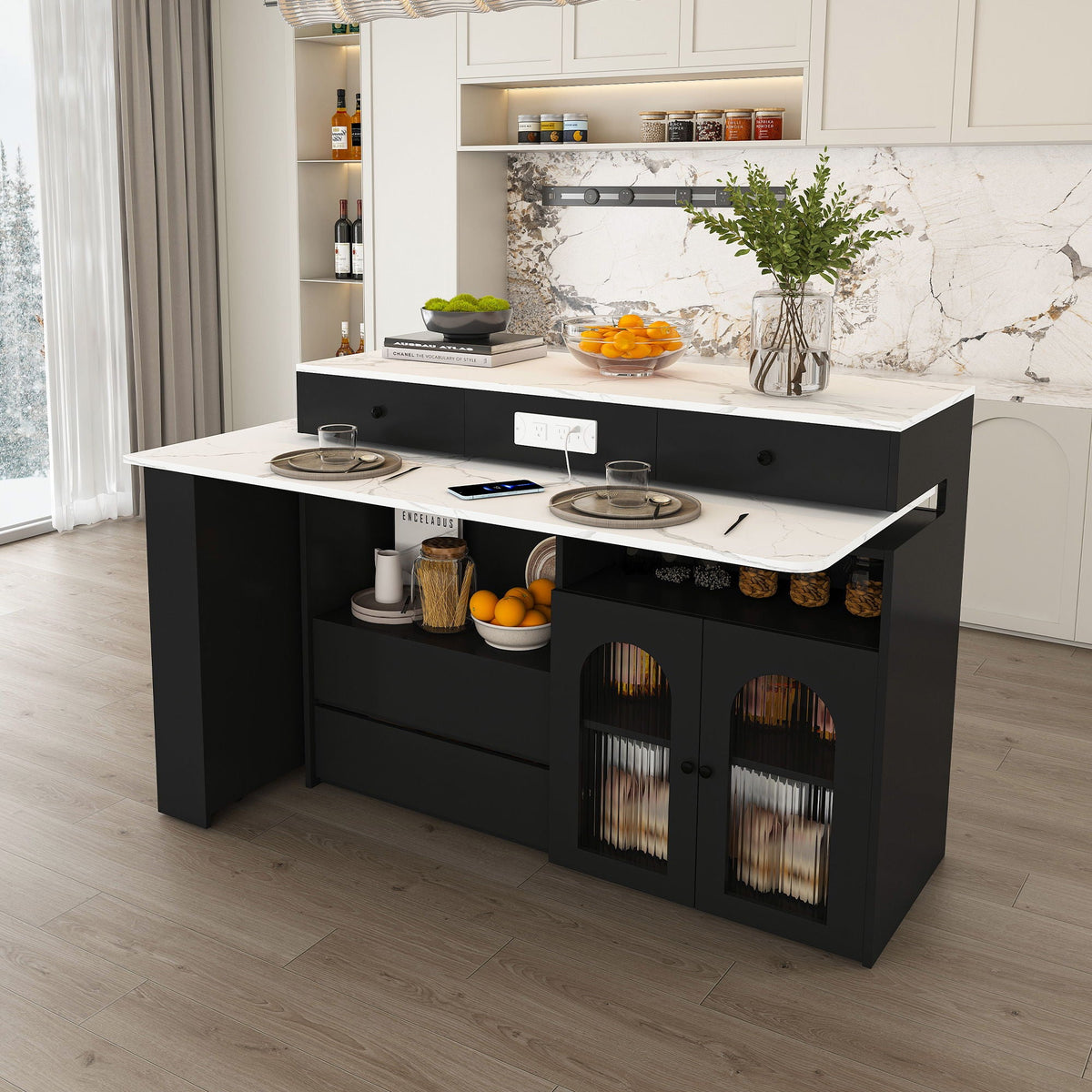 Kitchen Island, Extendable Rotating Table, 4 Drawers & Glass Doors