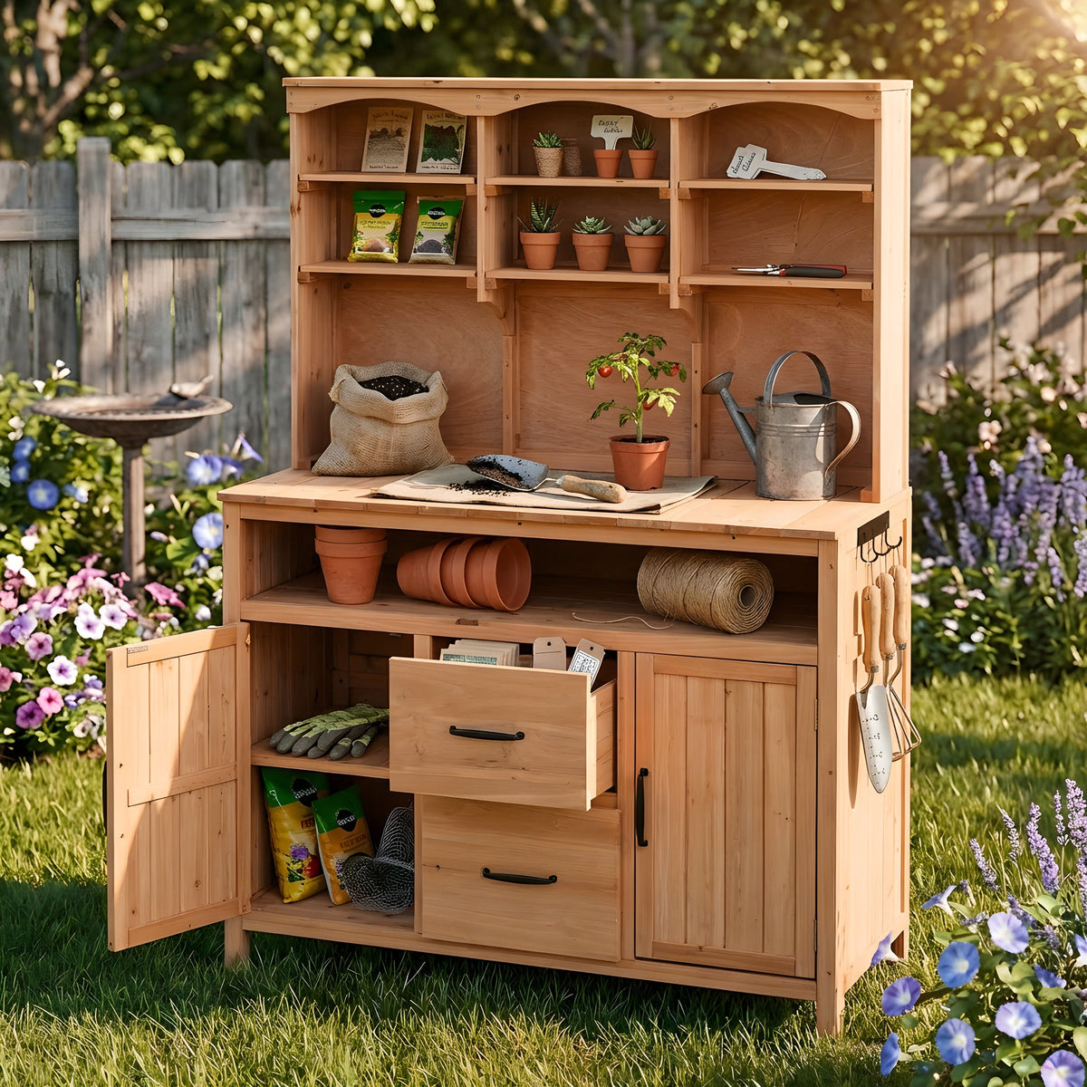 Large Fir Wood Potting Bench with Hutch, Cabinets & Drawers