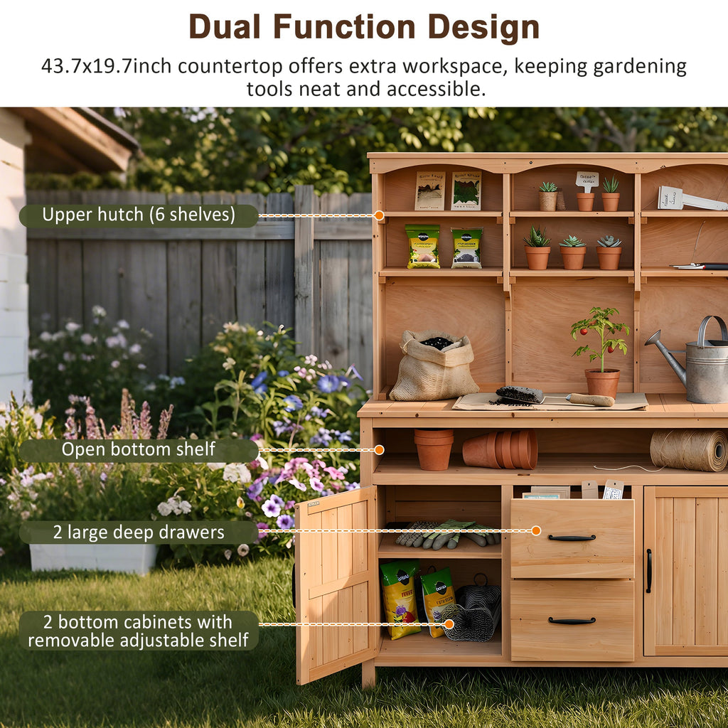 Large Fir Wood Potting Bench with Hutch, Cabinets & Drawers