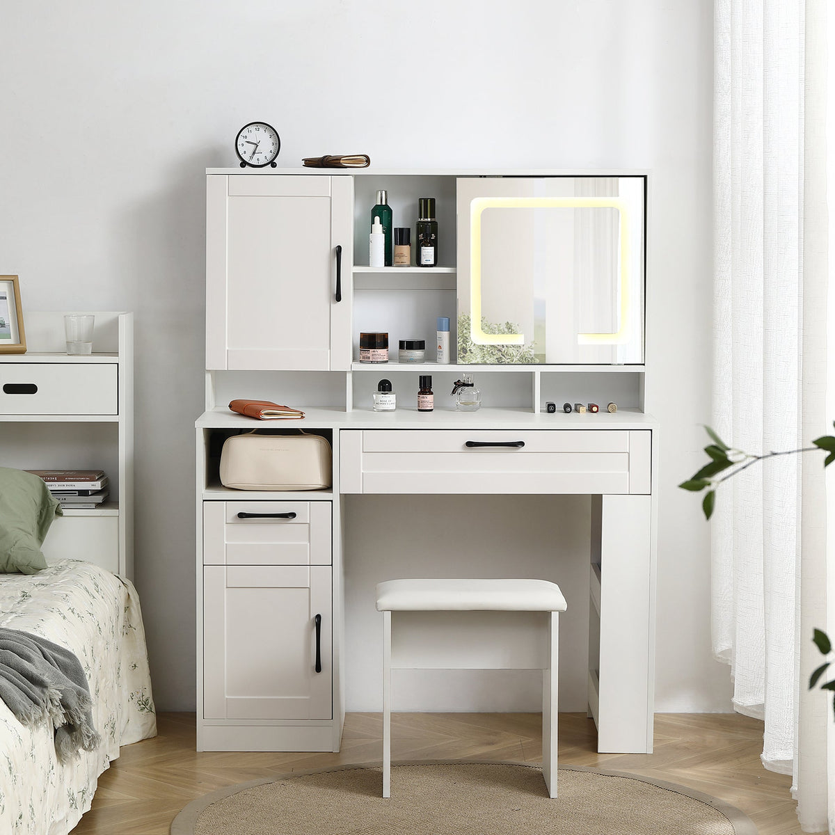Vanity table with large sliding lighted mirror dressing table with 2 drawers storage shelves