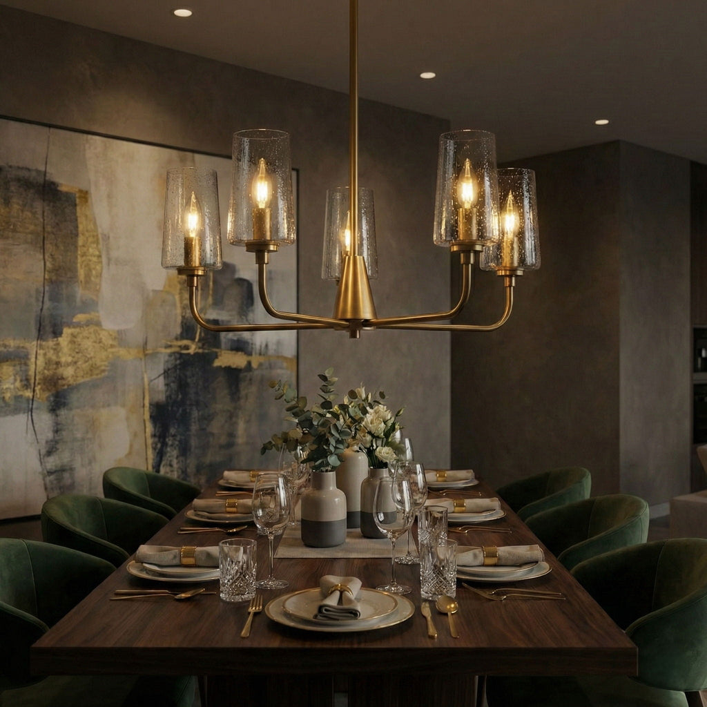 5 Lights Chandelier With Clear Seeded Satin - Antique Brass