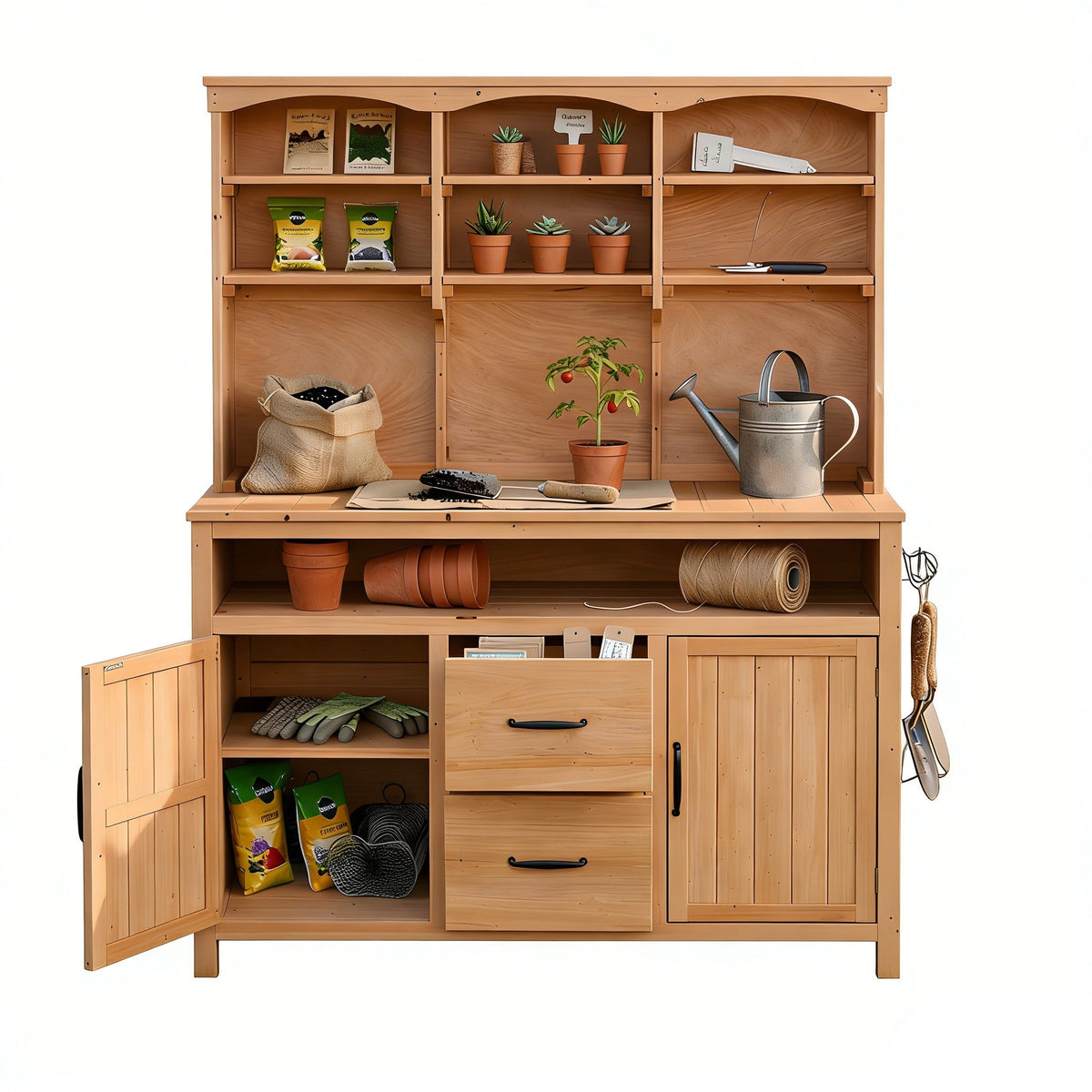 Large Fir Wood Potting Bench with Hutch, Cabinets & Drawers