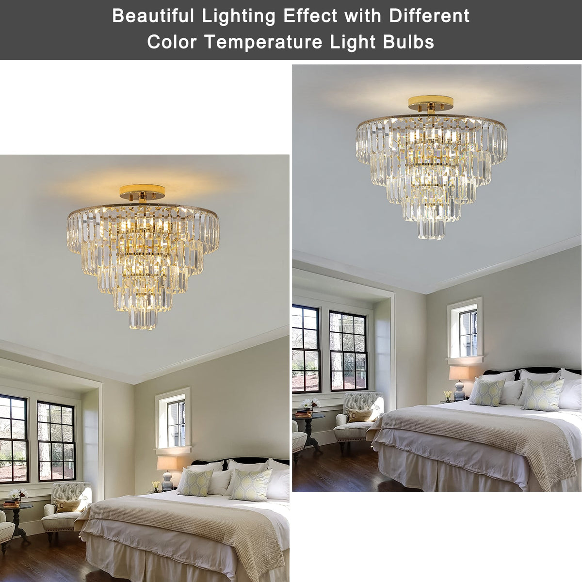 Gold Crystal Chandeliers,5-Tier Round Semi Flush Mount Chandelier