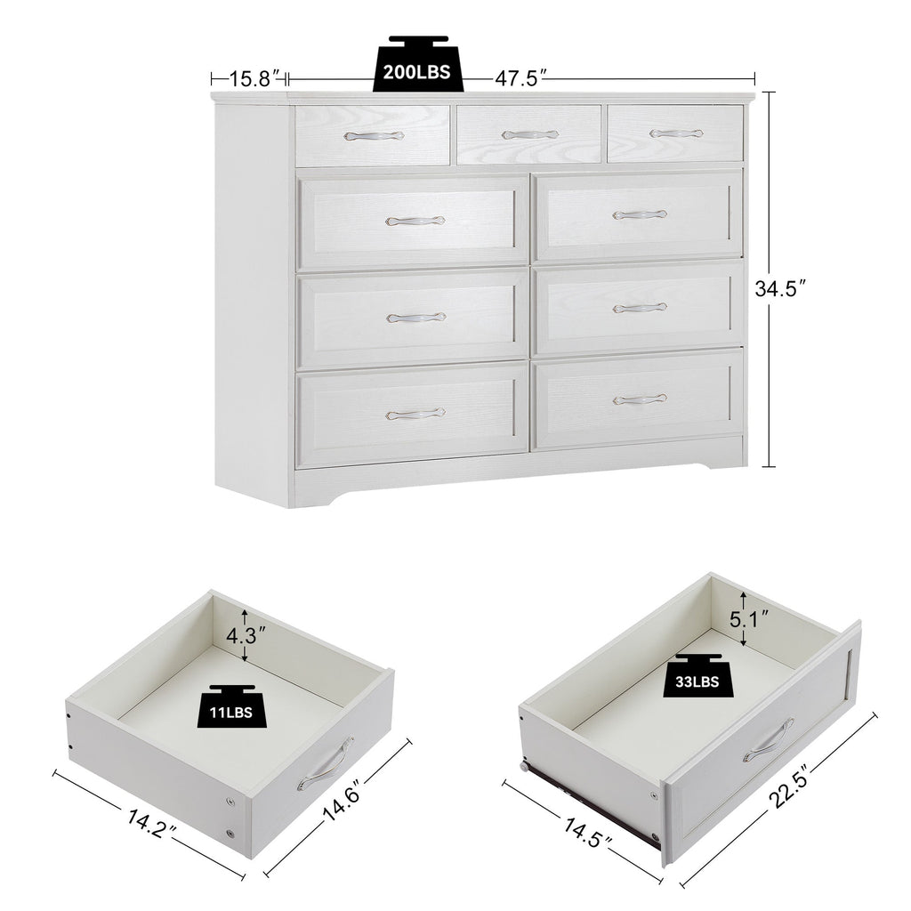 Bedroom dresser 9 drawer long dresser with antique handles wood chest of drawers