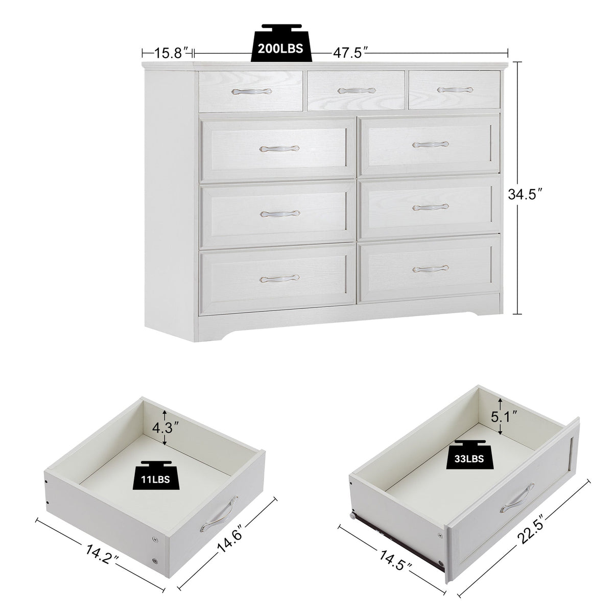 Bedroom dresser 9 drawer long dresser with antique handles wood chest of drawers
